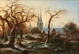 Wolperding, Friedrich ErnstHunter and brushwood collector in the snow-covered forest with a view