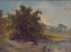Montague, CliffordRiver landscape with berry picking children(Birmingham 1855-1917) Oil on canvas.