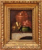 Lautter, E. R. (Attributed to)Kitchen still life with copper, brass and ceramic vessels(Austrian