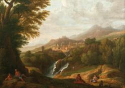 Southern landscape with mountain village, castle, waterfall and figuresRoman school, 1st half of the