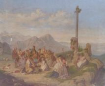 Bavarian group of pilgrims arriving at the summit cross19th centuryOil on canvas. 46 x 57.5 cm;