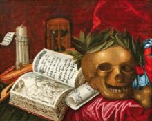 Vanitas Still LifeItaly, 18th c.Arrangement with laurel wreathed skull, violin and bow, bible, sheet