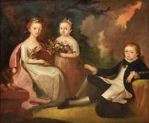 Family portrait with three childrenAustria, 18th centuryTwo girls, one with a flower basket, the