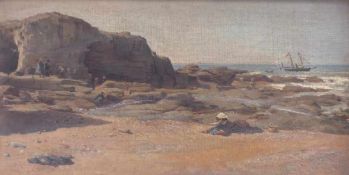 Mussel collector on the beach of a rocky coast in BrittanyLandscape painter of the 19th centuryOil