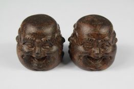 Two Fruit Wood Four-Faced Buddha Carvings