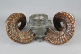 A Large Victorian Ram's Horn Pewter Inkwell