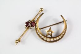 A 14/15ct Yellow Gold Diamond and Garnet Bar Brooch