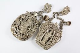 Two Chinese White Metal Scent Bottles