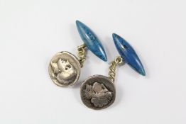 A Pair of Gentleman's Silver Coin Lapis Lazuli Cufflinks