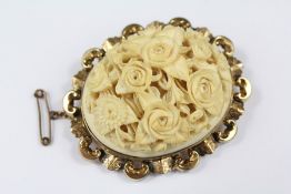 Antique 9ct Gold Ivory Carved Floral Brooch