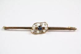 A 15ct Yellow Gold Sapphire and Seed Pearl Bar Brooch
