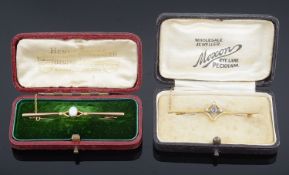 An Edwardian sapphire and seed pearl set floral bar brooch,