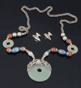 An early 20th century Chinese jade, silver and enamel pendant necklace