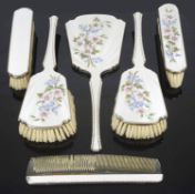 A contemporary silver and enamel brush and mirror set, hallmarked Birmingham, 1960