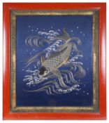 A large late 19th century Japanese silk and gold thread embroidery of a swimming carp
