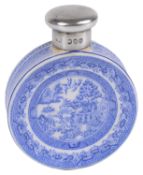 A Victorian Sampson Mordan silver mounted Willow pattern ceramic miniature scent bottle