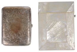 An Edwardian silver cigarette case and a Victorian mother of pearl card case