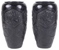 A pair of black Lalique 'Hesperides' pattern vases
