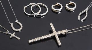 Three contemporary Continental delicate diamond set pendants and other items