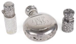 A combined silver compact and perfume bottle and two others