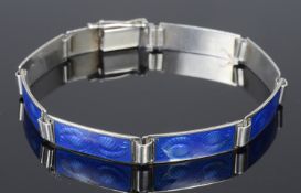 A Scandinavian silver and blue guillioche enamel panel bracelet
