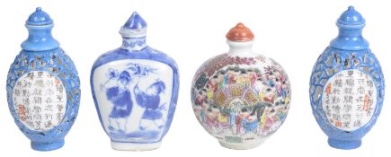 A pair of Chinese 20th century porcelain reticulated porcelain snuff bottles