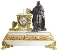 A large 19th century French marble and bronze figural mantle clock