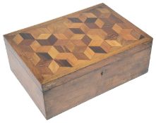 A Victorian parquetry sewing box with contents