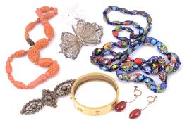 An Art Deco millefiore glass bead necklace and other items