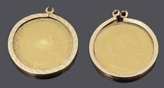 Two Napoleon III gold 10 francs 1856 & 1858 coins, mounted in 9ct gold earring mounts