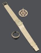 A 9ct gold Rotary ladies wristwatch, a 9ct gold star of David pendant and a gold ring