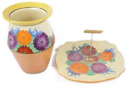 A Clarice Cliff Bizarre 'Gayday' vase and cake plate, c1930's