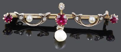 An attractive ruby and diamond Belle Époque ruby and diamond drop brooch