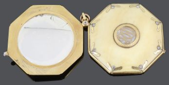 A charming late 19th c. Fr. 18ct gold ivory and rose diamond set double mirror pendant
