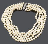 An attractive Edwardian stye, Continental five row cultured pearl choker necklace
