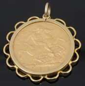 A George V gold full sovereign 1912, with pendant mount