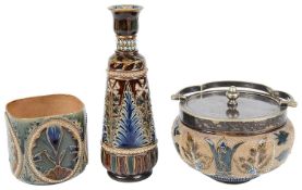 Three Doulton Lambeth stonewares, a vase, a beaker and a condiment jar with cover