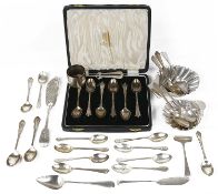 A collection of George III and later silver, teaspoons, scallop shell butter dishes, napkin ring