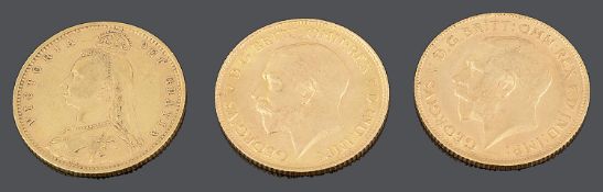 Three gold half sovereigns 1892, 1913 and 1914