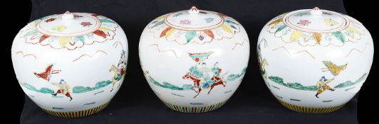Three late 20th century Chinese famille verte porcelain ginger jars and covers