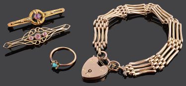 A 9ct gold four bar gate bracelet, two Edwardian stick pins and a turquoise set ring