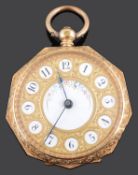 A ladies late 19th century continental 18K gold open faced pocket watch