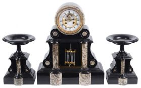 A late 19th century architectural drum black slate and marble three piece clock garniture (3)