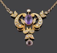 An Art Nouveau amethyst and seed pearl set scroll pendant necklace