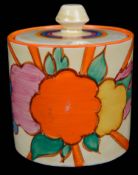 A Clarice Cliff Fantasque Fruit Burst pattern preserve pot and cover