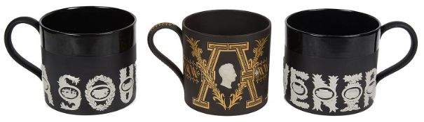 Three Wedgwood limited edition black Jasper ware mugs designed by David Guyatt (3)