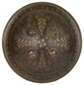 An Indian gilt and enamel decorated bronze shield (dhal) c.1900