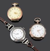 Silver and rose gold plated open faced ladies pocket watches; early 20th c Swiss .935 wristwatch(3)