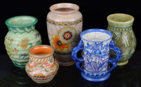 Five pieces of Art Deco Crown Ducal Charlotte Rhead pottery (5)