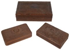 An early 20th century Indian Kasmiri carved wood table cigar box and two smaller cigarette boxes(3)